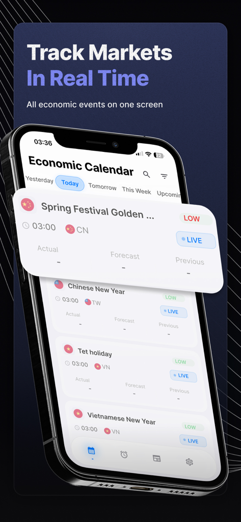 Economic Calendar: Market News - Real-time economic calendar app interface showing global market events and impact levels on a smartphone screen.