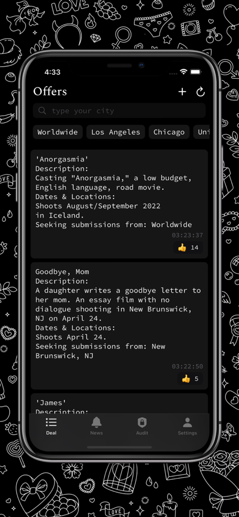 No.Chat - A feed of filming offers and casting calls on the No.Chat app with location filters.