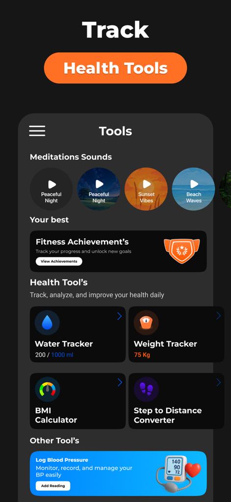 Eine Anzeige der Gesundheits-Tools der Schrittzähler-App, einschließlich Wasser-Tracker, Gewichts-Tracker und Meditationsgeräuschen.