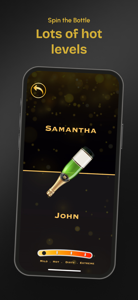 Smartphone screen showing a spin the bottle game for couples with names and intensity levels