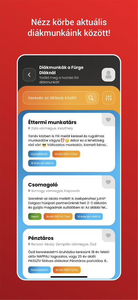 Fürge Diák Iskolaszövetkezet - Mobile app screenshot showing student job listings in Hungary with various positions like restaurant worker and cashier