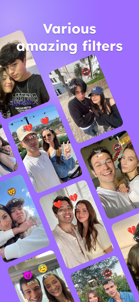 Accurate Filter: Emoji Game - さまざまな絵文字をテーマにしたフィルターとパーセンテージのスコアを持つさまざまなカップルを示すコラージュ