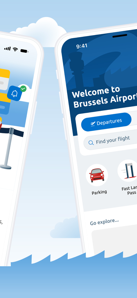 Brussels Airport - Schermata principale dell'app mobile dell'Aeroporto di Bruxelles che mostra la ricerca voli, le partenze e le opzioni di parcheggio