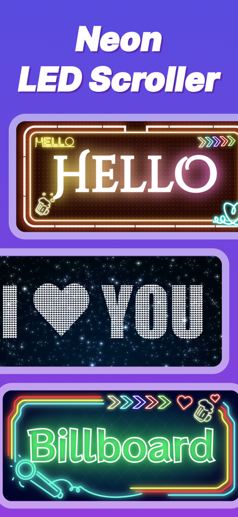 LED Banner - Big Text Display - Three examples of digital LED banners with neon effects and scrolling text