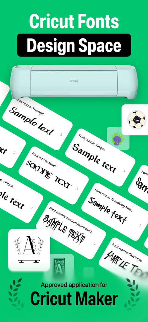 Preview of various font styles and a Cricut Maker machine for DIY crafting projects