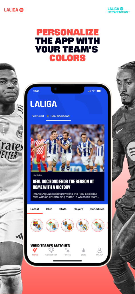 LALIGA Official App 2025/2026 - LALIGA official app interface showing personalization options for a favorite team and latest soccer highlights