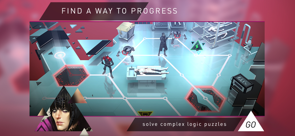 Deus Ex GO - Adam Jensen solving a grid-based logic puzzle in a futuristic lab in Deus Ex GO.