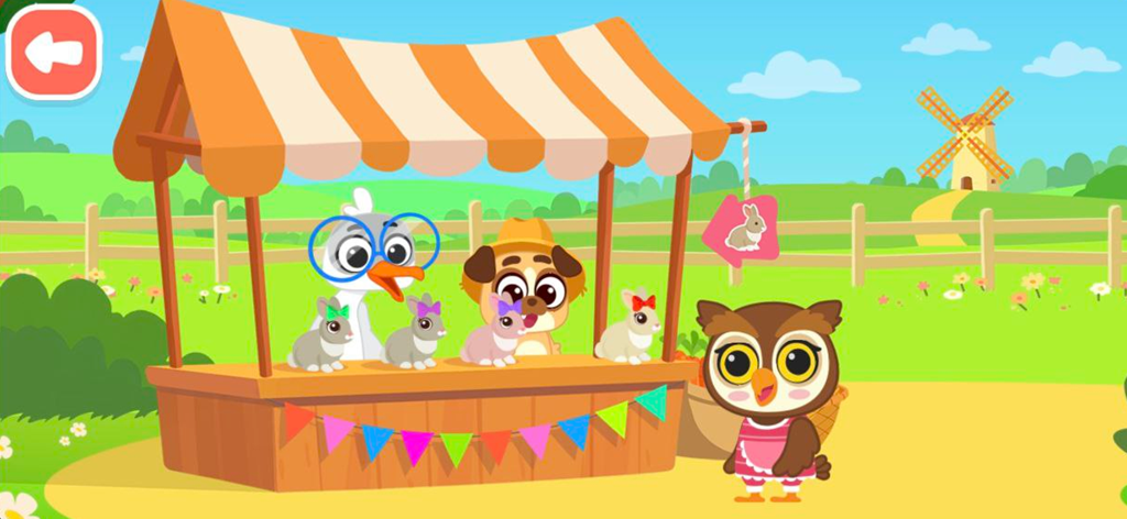 Farming game: Animal farm life - 農場でウサギがいるマーケットスタンドを経営する、アヒル、犬、フクロウなどのカートゥーン動物