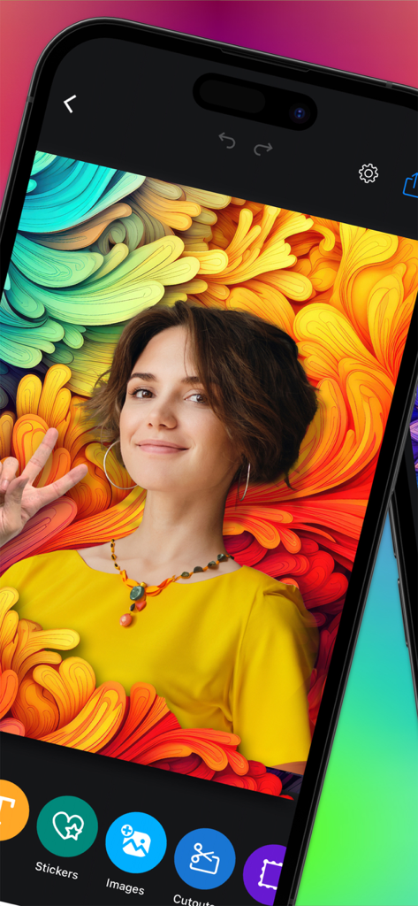 Mobile app interface of piZap showing a photo of a woman with vibrant graphic backgrounds