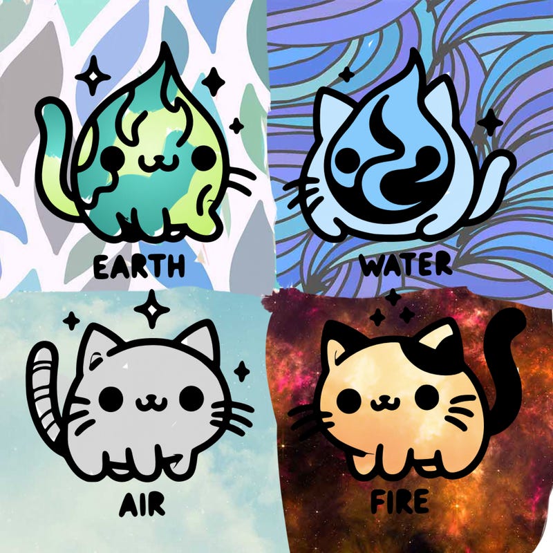 4 cats that represent the different elements, earth, water, air, and fire