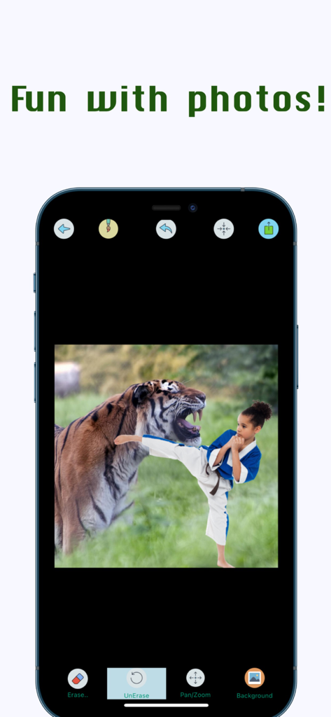 Un écran de smartphone montrant un montage photo créatif d'une fille dans une pose de karaté à côté d'un tigre à l'aide de l'application Photo Cut Out.