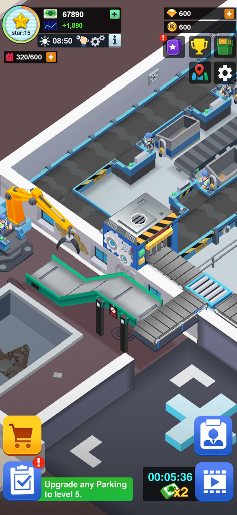 Garbage Tycoon - Idle Game - Vista isométrica de una fábrica de reciclaje en Garbage Tycoon que muestra cintas transportadoras y brazos robóticos procesando residuos.