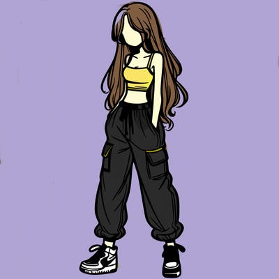 girl in baggy pants crop top and long hair