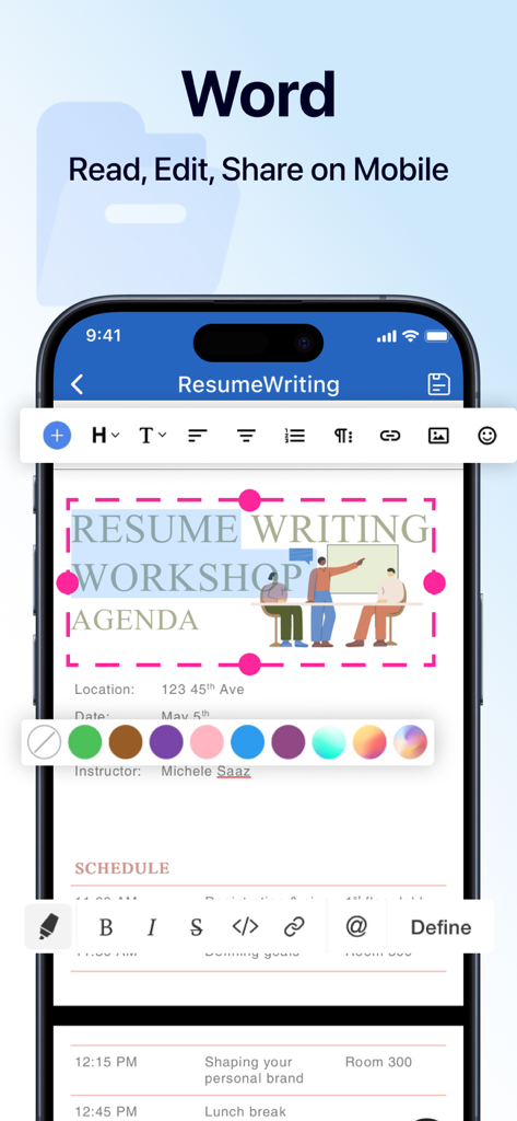 Mobile Benutzeroberfläche der Office Word App, die professionelle Dokumentenbearbeitungs- und Formatierungswerkzeuge auf einem iPhone-Bildschirm zeigt