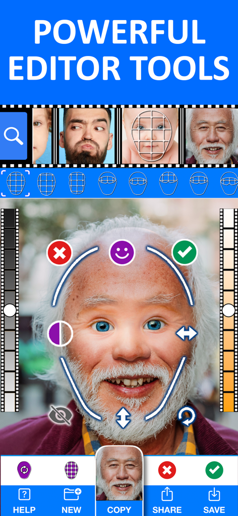 Face Swap Booth Photo Changer - Face Swap Booth editing tools interface showing a baby face blended onto an older man
