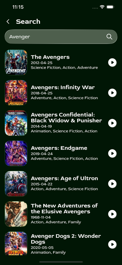 Resultados de pesquisa de Vingador no aplicativo OneTV mostrando uma lista de filmes com títulos e gêneros