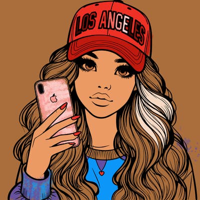 realistic beautiful girl wearing los ángeles cap holding an iphone