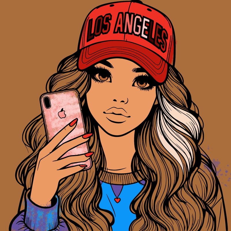 realistic beautiful girl wearing los ángeles cap holding an iphone