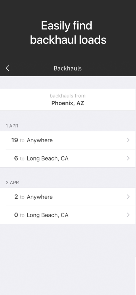 Doft Load Board, Truck Loads - Doft app screen showing available backhaul loads from Phoenix Arizona to Long Beach California