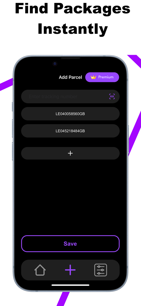 Package tracker for Fedex,UPS - Interfaz de la aplicación móvil para agregar y administrar números de seguimiento de múltiples paquetes.