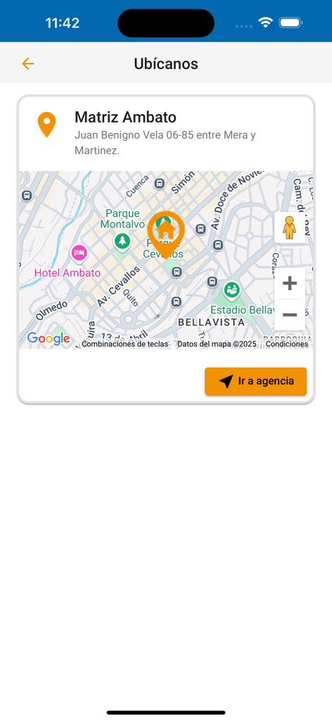 EcuaMovil app screen showing the Matriz Ambato office location on a map