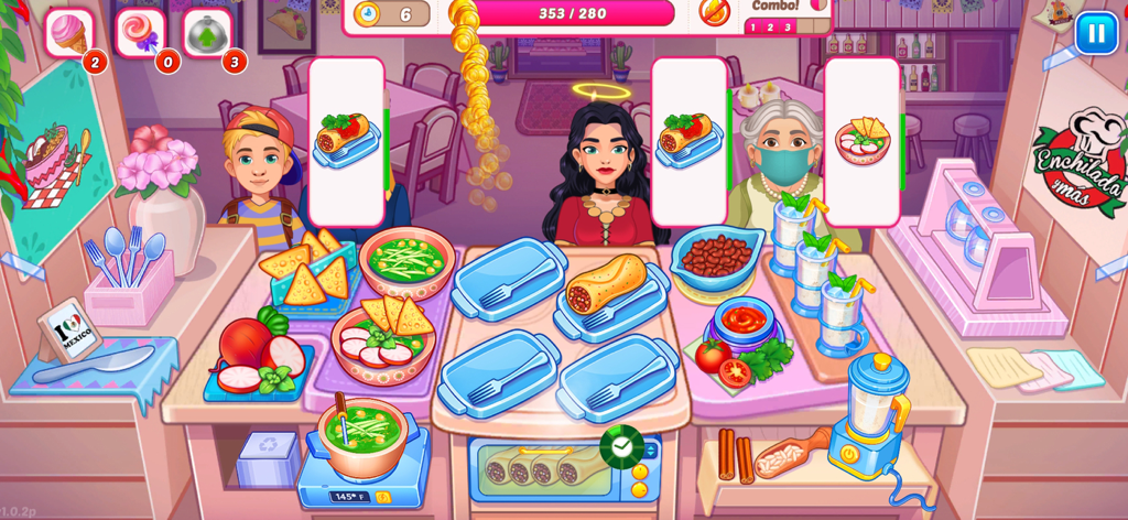 Jugabilidad de Cooking Carnival que muestra a un chef sirviendo platos mexicanos como enchiladas y nachos a los clientes.