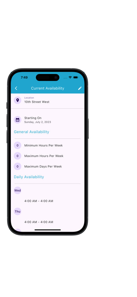 StaffLinQ - StaffLinQ app interface showing current availability settings and weekly work preferences for restaurant employees