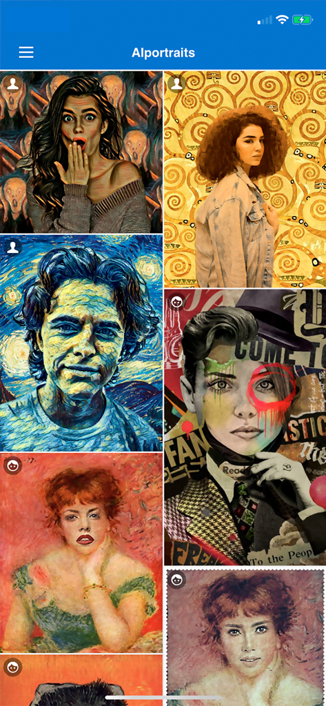 AIportraits - AI Photo Editor - Uma galeria exibindo vários estilos artísticos e filtros de belas artes aplicados a retratos