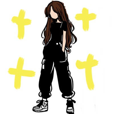 girl in baggy pants crop top and long hair