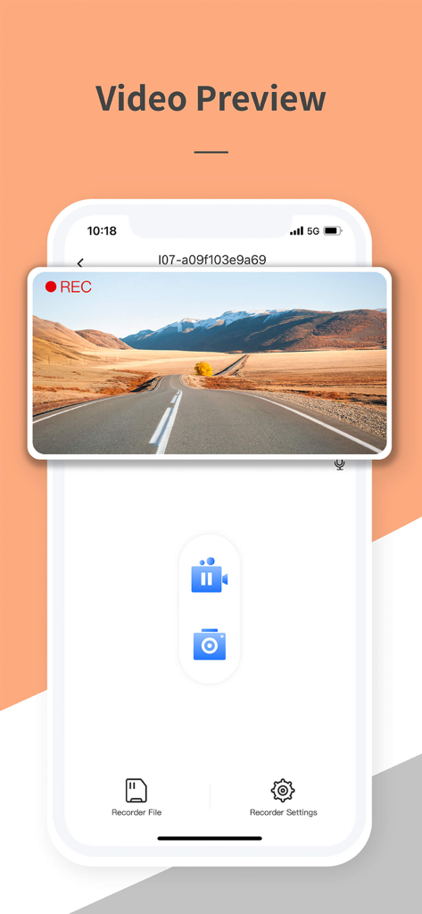Wolfbox mobile app interface showing a live dash cam video preview of a scenic road