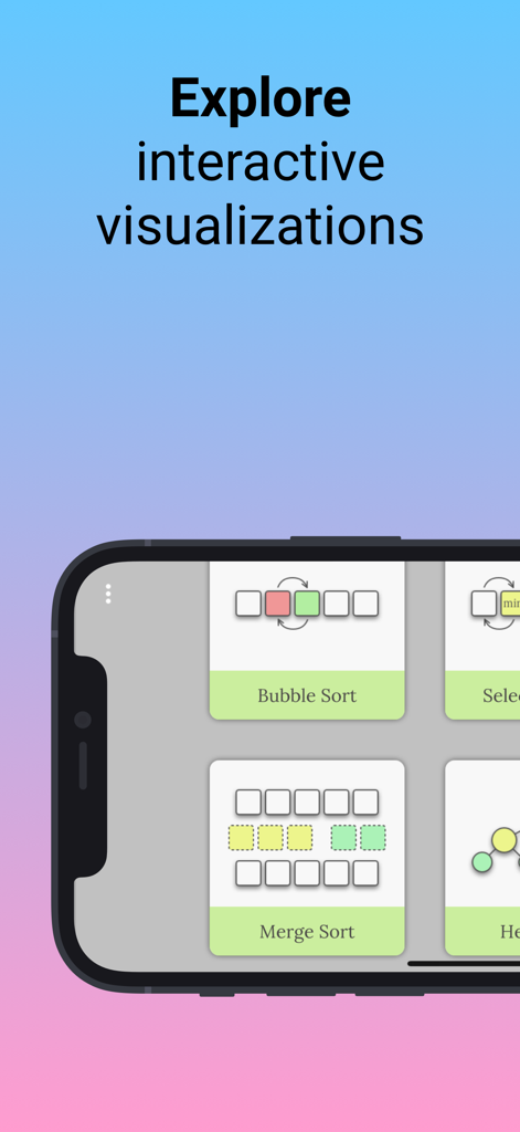 Smartphone interface of VisiGrab app showing interactive visualizations for bubble sort and merge sort algorithms