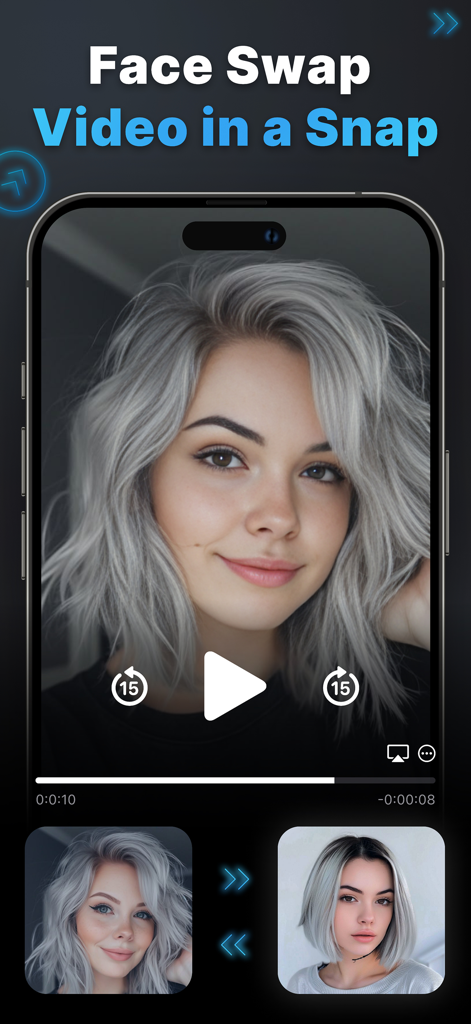 DeepSwap AI: Video Swap Faces - Interfaz de la aplicación móvil DeepSwap AI que muestra un video de intercambio de caras de una mujer con cabello gris