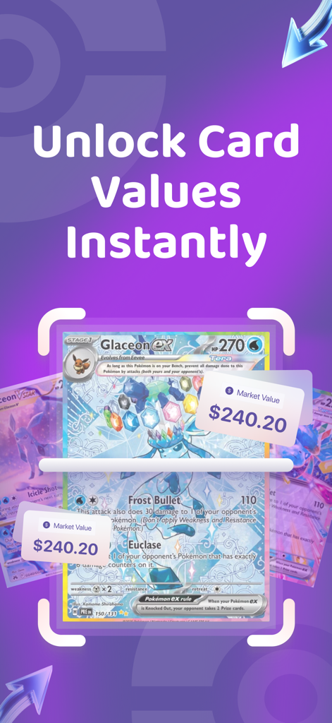 Scanemon app scanning a Glaceon Pokemon card to instantly display its market value