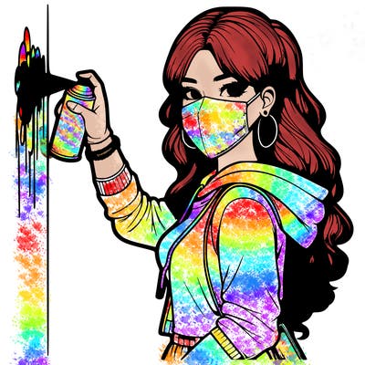 realistic girl with mask spray painting a wall