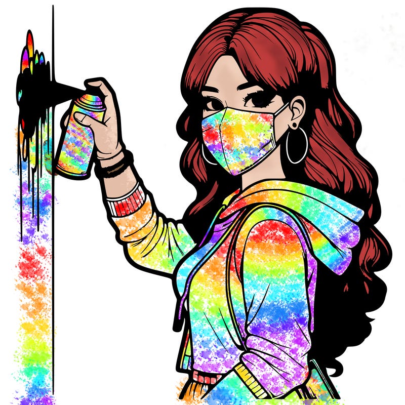 realistic girl with mask spray painting a wall