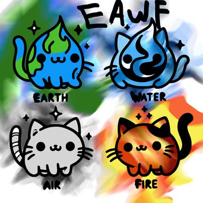 4 cats that represent the different elements, earth, water, air, and fire