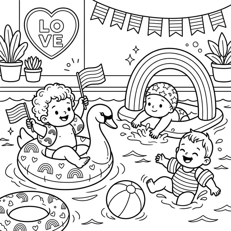 Celebrate love and joy with our adorable Baby Swimmers Pride coloring page! Watch as cheerful infants splash and play, surrounded by symbols of diversity and inclusion, making it a perfect activity for Pride Month.