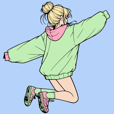 realistic girl jumping with a bun and oversized sweatshirt