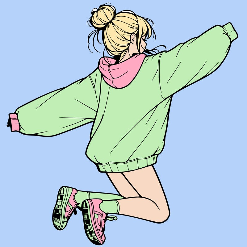 realistic girl jumping with a bun and oversized sweatshirt