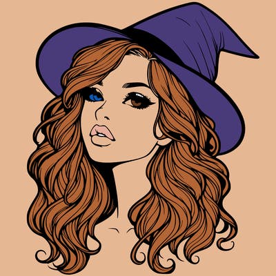 realistic witch girl with wavy hair and lips