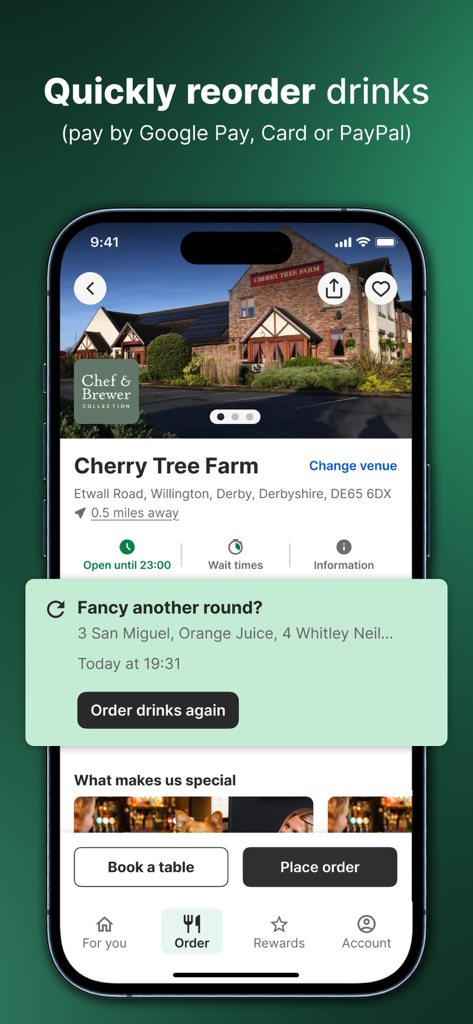 Greene King mobile app interface displaying a quick reorder drinks prompt for a pub