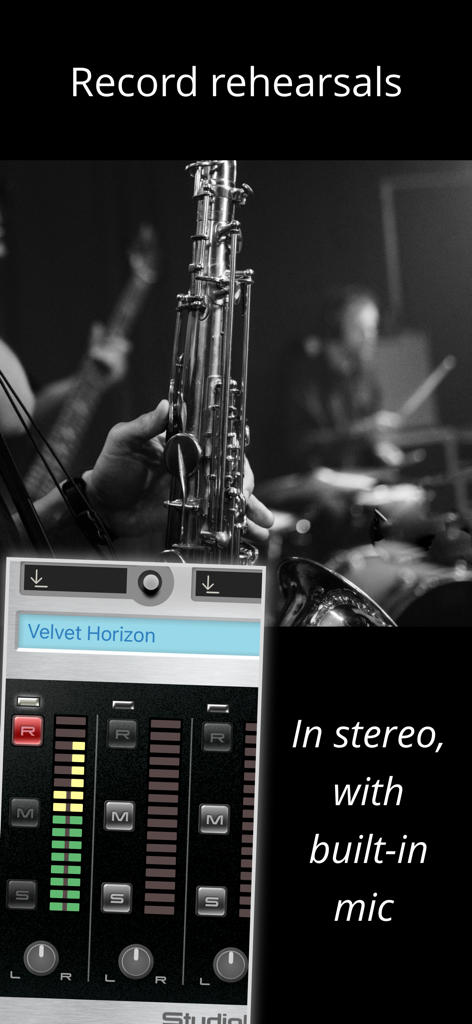 StudioMini - Music Recorder - StudioMini app screen showing stereo recording of a band rehearsal with a built-in microphone