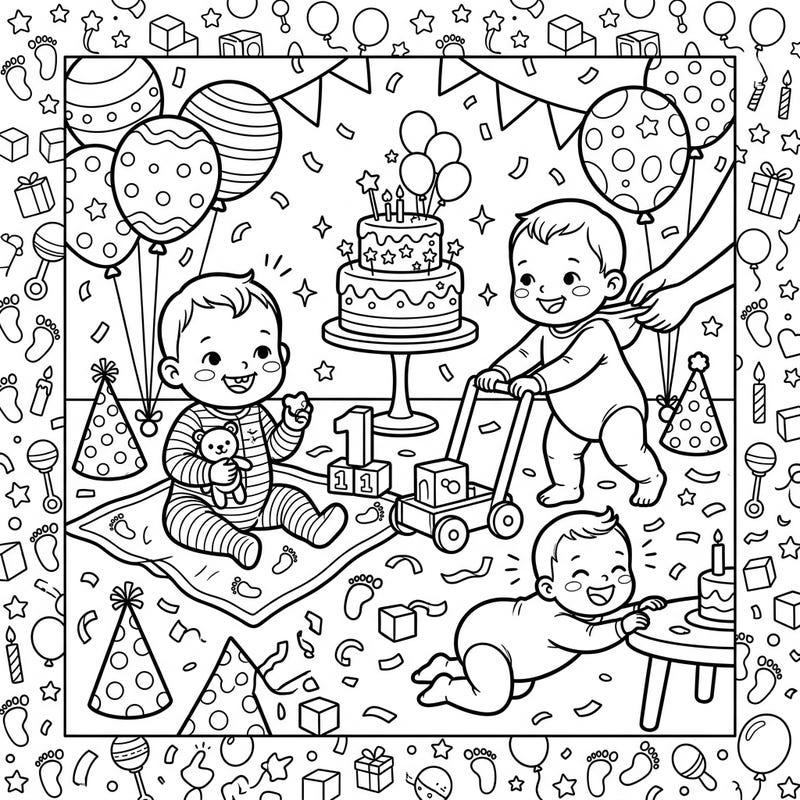 Commemorate precious baby milestones and a joyful first birthday celebration with this delightful coloring page. Featuring happy babies, balloons, and cake, it's perfect for celebrating growth and special occasions.