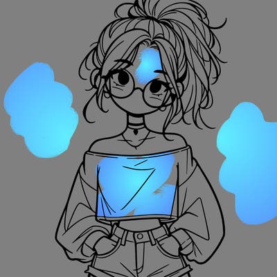 girl with a messy ponytail glasses a baggy crop top and jean shorts