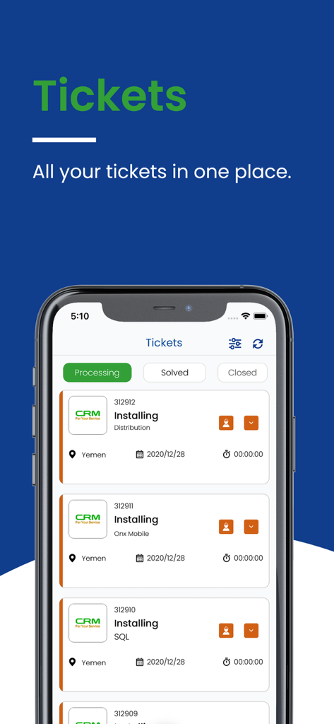 Benutzeroberfläche der Ultimate CRM Mobil-App mit einer Liste von Servicetickets im Reiter 'In Bearbeitung'