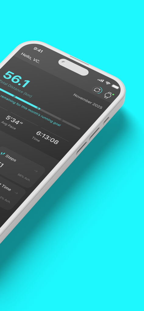 NU:RUN - NU RUN app dashboard on iPhone displaying running distance and average pace stats