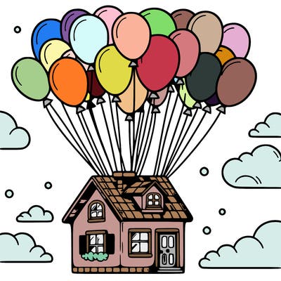house floating from lots of balloons
