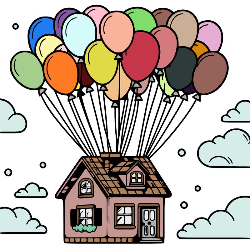 house floating from lots of balloons