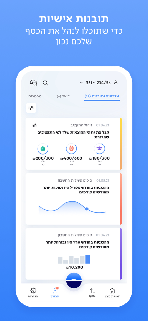 לאומי - A smartphone screen displaying the Leumi banking app personal financial insights and budget tracking dashboard.