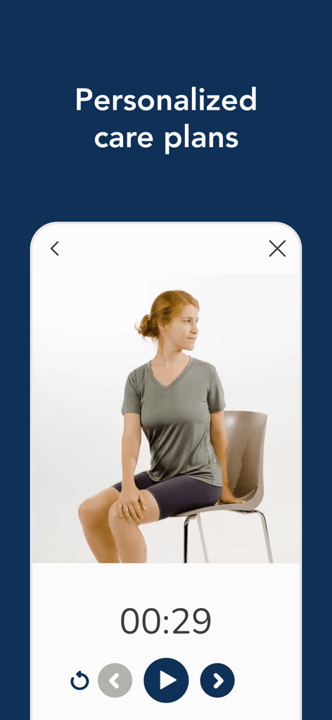 Physical Therapy by OneStep - A woman performing a seated torso twist exercise on a personalized care plan screen within the OneStep app.